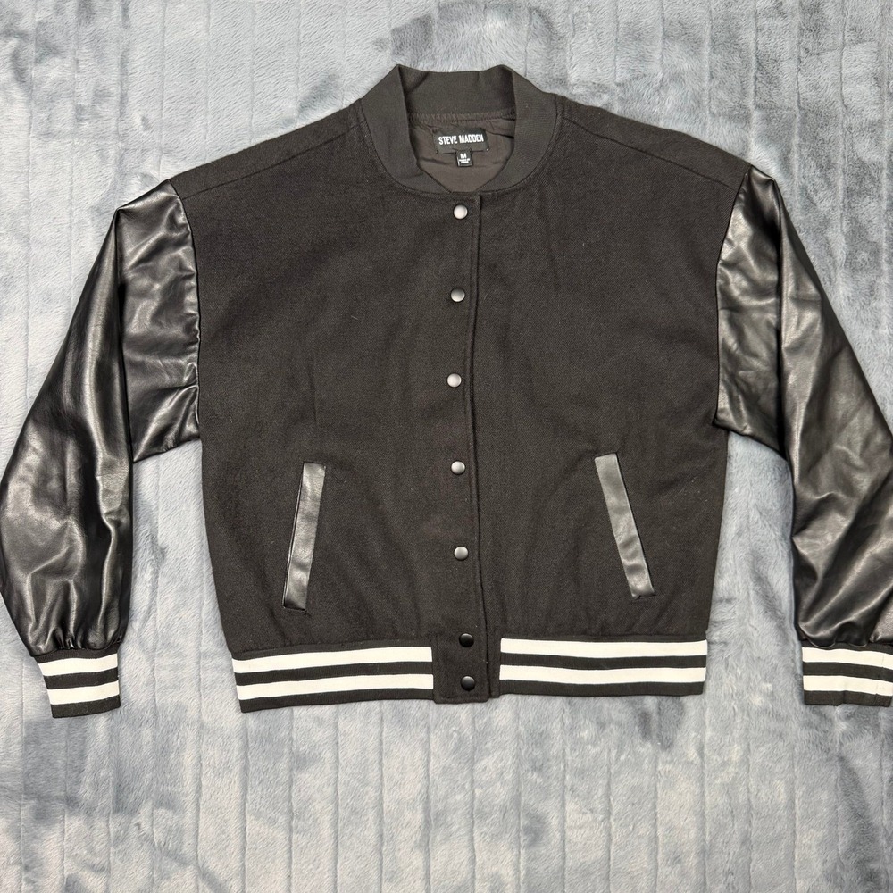 Steve Madden Mens Black Varsity Bomber Jacket Faux Leather Sleeves BN302024 M